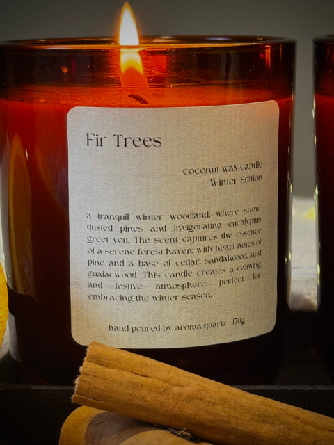 Fir Trees Aroma Quartz candle in brown glass jar on wooden surface