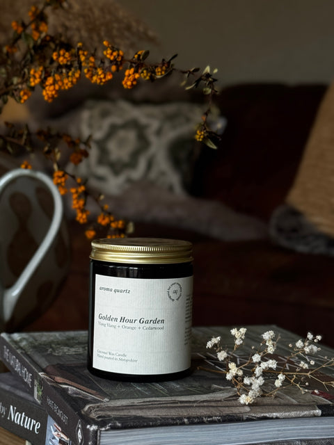 Garden in Golden Hour – Limited Edition Amber Jar Candle refillable coconut wax candle by Aroma Quartz in amber glass jar