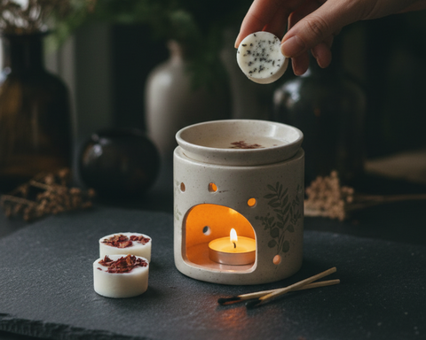 A small ceramic oil burner with a lit candle inside, surrounded by decorative items on a dark surface.