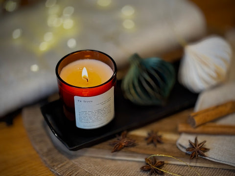 Fir Trees — Natural Wax Refillable Candle refillable coconut wax candle by Aroma Quartz in amber glass jar