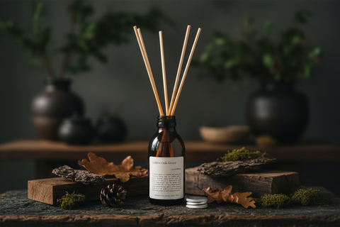 A dark honey and oak scented natural diffuser in a amber bottle with fibre reeds, the bottle has a cream textured label and is on a wooden surface with a plain background