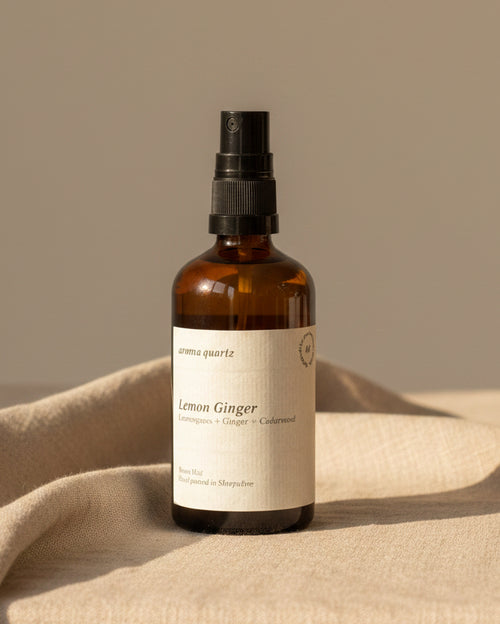 Lemon Ginger room spray by Aroma Quartz — 100ml glass bottle with cream label