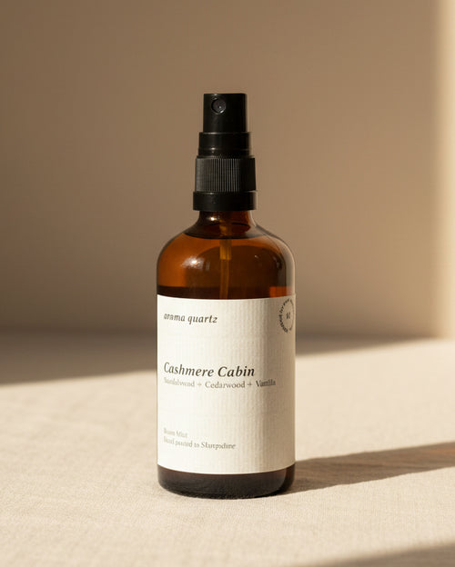 Cashmere Cabin room spray by Aroma Quartz — 100ml glass bottle with cream label