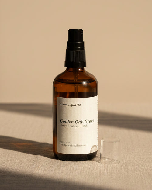 Golden Oak Grove room spray by Aroma Quartz — 100ml glass bottle with cream label