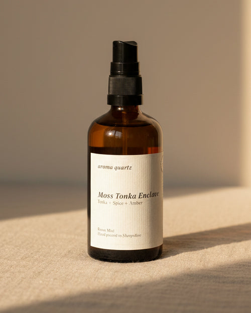 Moss Tonka Enclave room spray by Aroma Quartz — 100ml glass bottle with cream label