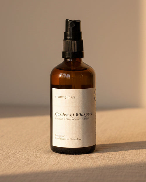 Garden Of Whispers room spray by Aroma Quartz — 100ml glass bottle with cream label