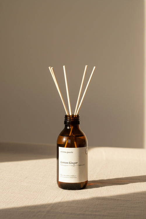 Lemon Ginger reed diffuser by Aroma Quartz — brown glass bottle with wooden reeds