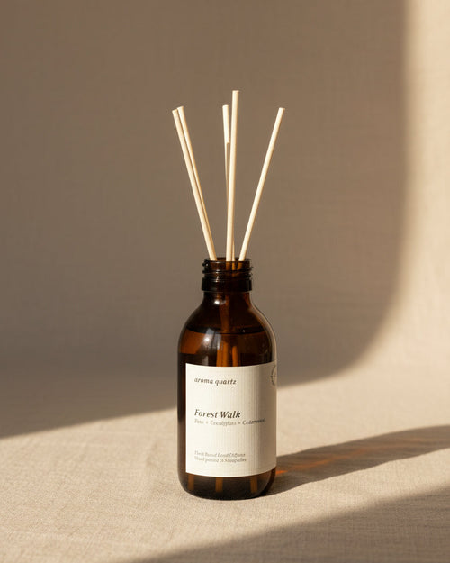 Forest Walk reed diffuser by Aroma Quartz — brown glass bottle with wooden reeds