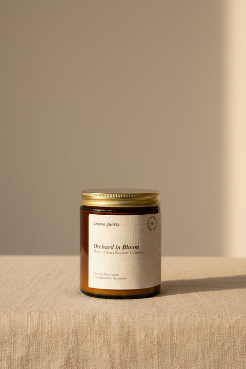 Orchard in Bloom – Limited Edition Amber Jar Candle refillable coconut wax candle by Aroma Quartz in amber glass jar