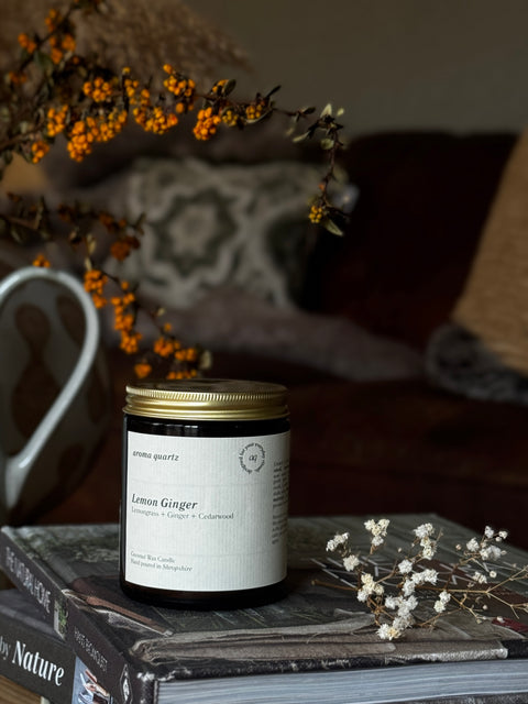 Lemon Ginger — Amber Jar Coconut Wax Candle refillable coconut wax candle by Aroma Quartz in amber glass jar