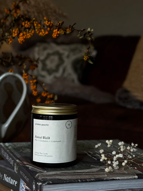 Forest Walk — Amber Jar Coconut Wax Candle refillable coconut wax candle by Aroma Quartz in amber glass jar