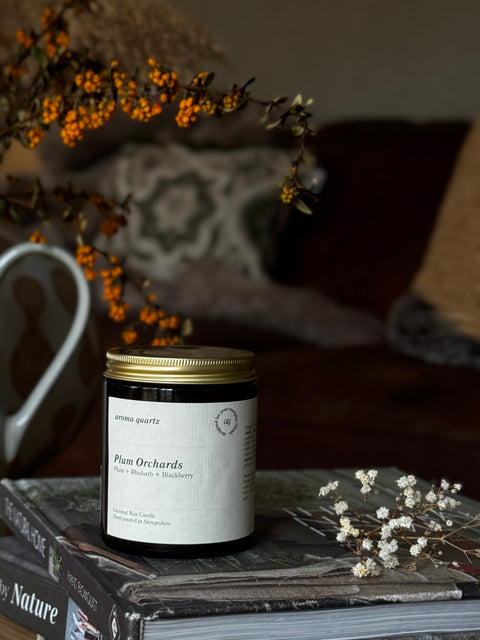 Plum Orchards — Amber Jar Coconut Wax Candle refillable coconut wax candle by Aroma Quartz in amber glass jar