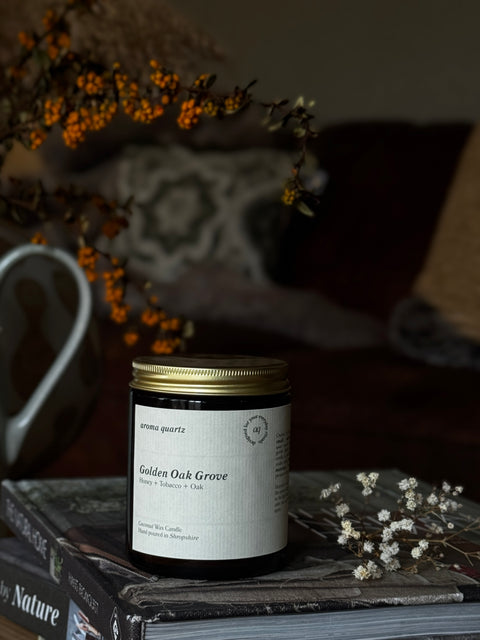 Golden Oak Grove — Amber Jar Coconut Wax Candle refillable coconut wax candle by Aroma Quartz in amber glass jar
