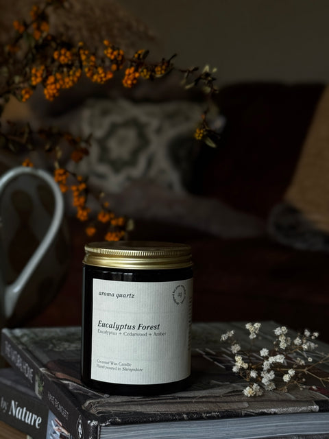 Eucalyptus Forest — Amber Jar Coconut Wax Candle refillable coconut wax candle by Aroma Quartz in amber glass jar