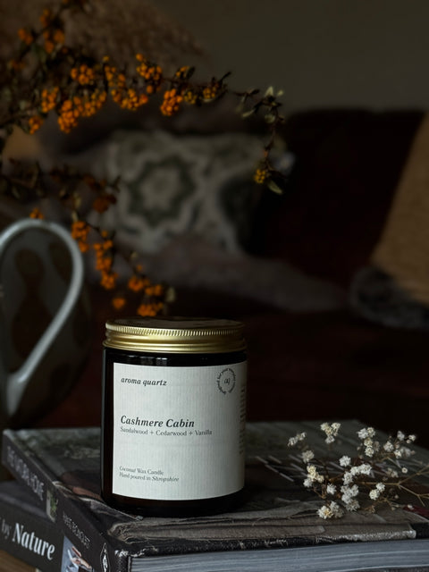 Cashmere Cabin — Amber Jar Coconut Wax Candle refillable coconut wax candle by Aroma Quartz in amber glass jar