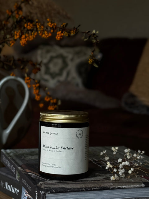 Moss Tonka Enclave — Amber Jar Coconut Wax Candle refillable coconut wax candle by Aroma Quartz in amber glass jar