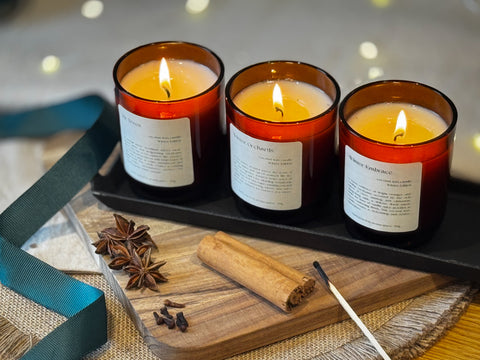 Winter Candle Trio Bundle + Free Exclusive Wax Melts refillable coconut wax candle by Aroma Quartz in amber glass jar