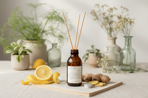 Aromatherapy lemongrass and ginger diffuser in an amber bottle with wooden reeds on a wooden surface against a plain background